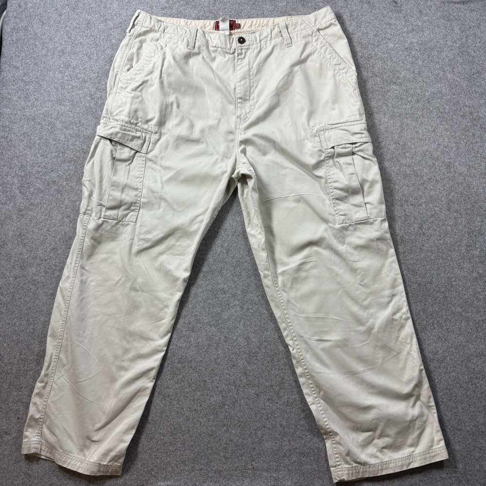 Chaps Mens Denim Cargo Pants 40x30 Khaki Tan 100% Cotton Multi Pocket